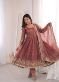 Peach Embroidery Sequins Fandy Silk Work Suit Set