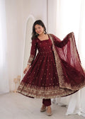 Maroon Embroidery Sequins Fandy Silk Work Suit Set