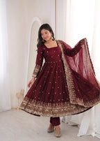 Maroon Embroidery Sequins Fandy Silk Work Suit Set