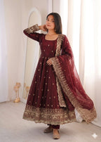 Maroon Embroidery Sequins Fandy Silk Work Suit Set