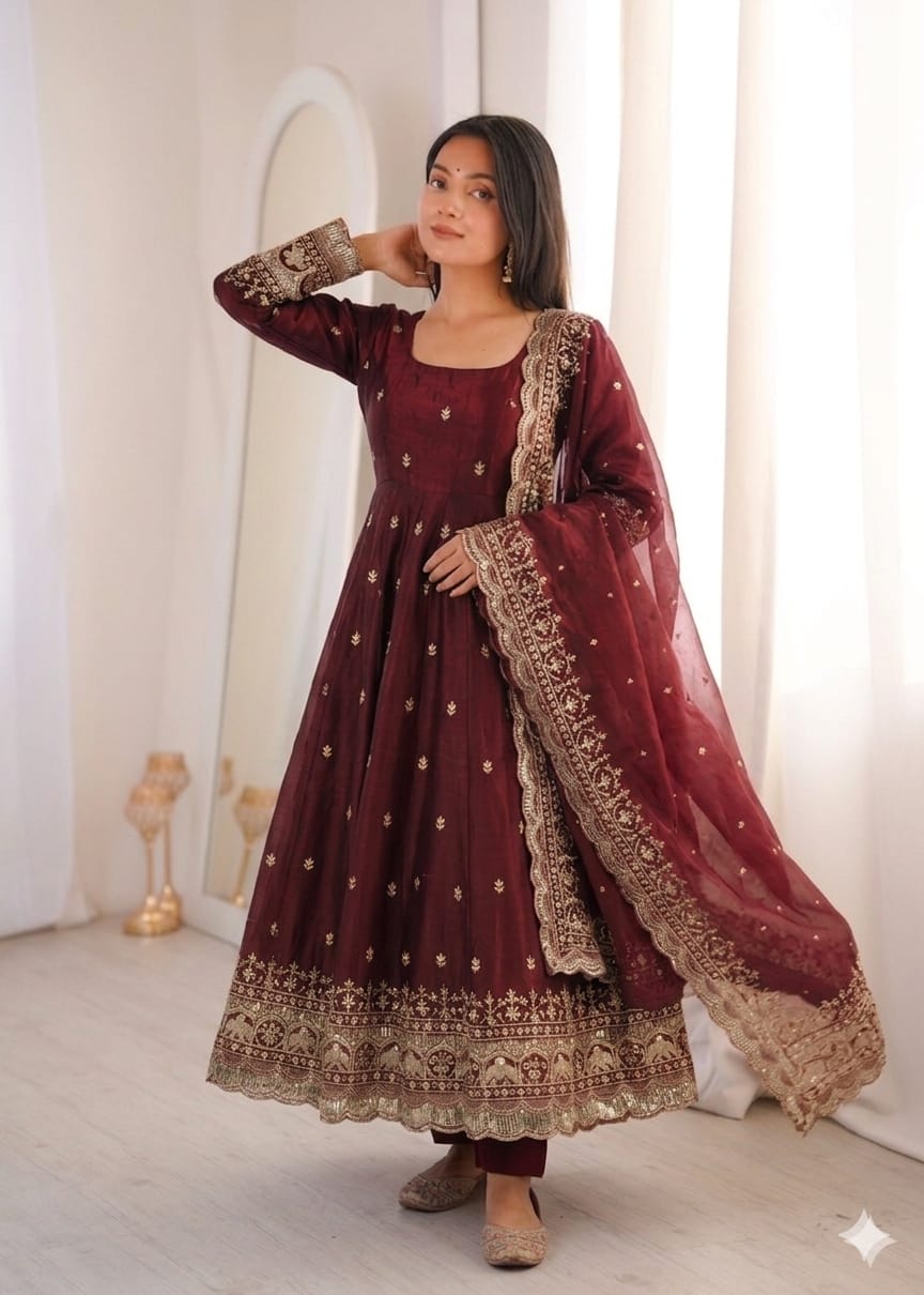 Maroon Embroidery Sequins Fandy Silk Work Suit Set
