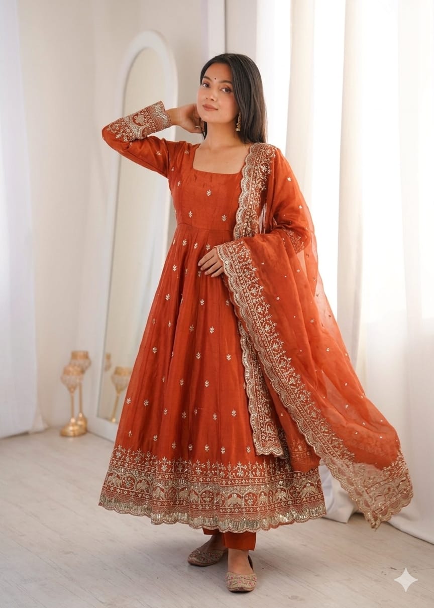 Orange Embroidery Sequins Fandy Silk Work Suit Set