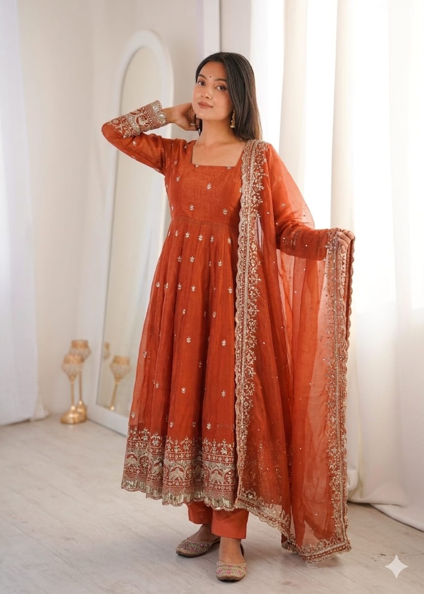 Orange Embroidery Sequins Fandy Silk Work Suit Set