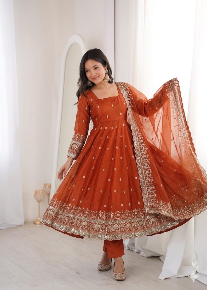 Orange Embroidery Sequins Fandy Silk Work Suit Set
