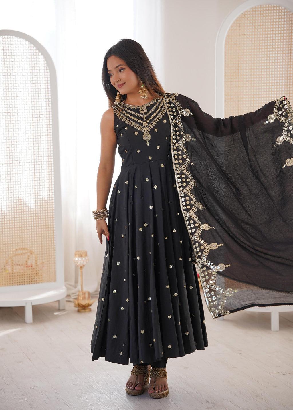 Black Roman Embroidery Work Suit Set