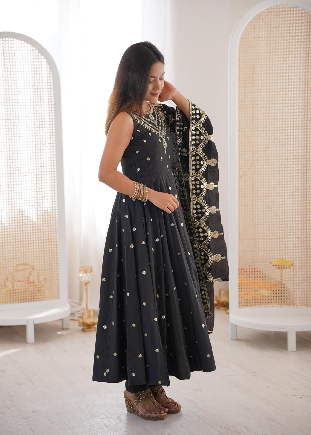 Black Roman Embroidery Work Suit Set
