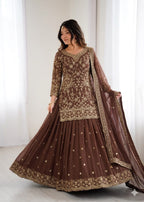 Coffee Fox Georgette Embroidery Sequins Work Suit Set