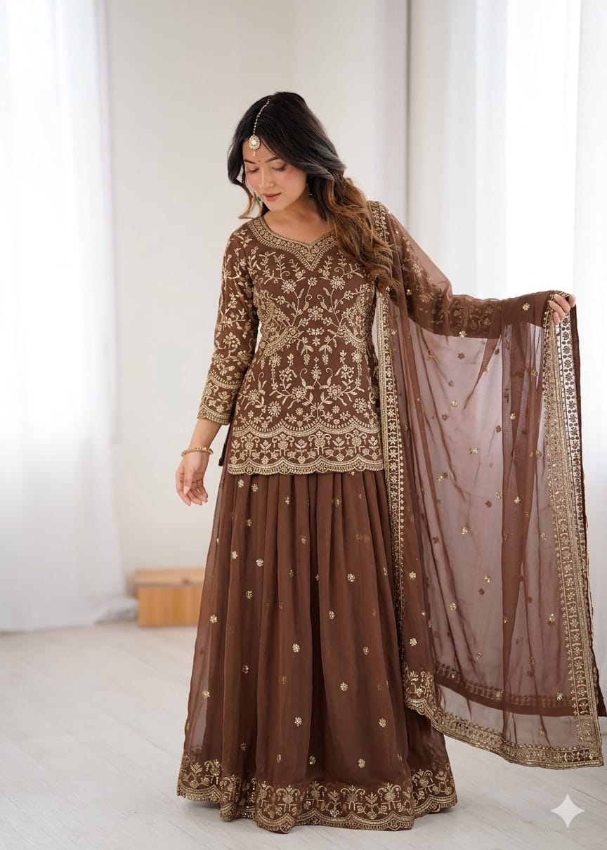 Coffee Fox Georgette Embroidery Sequins Work Suit Set