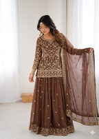 Coffee Fox Georgette Embroidery Sequins Work Suit Set