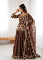 Coffee Fox Georgette Embroidery Sequins Work Suit Set
