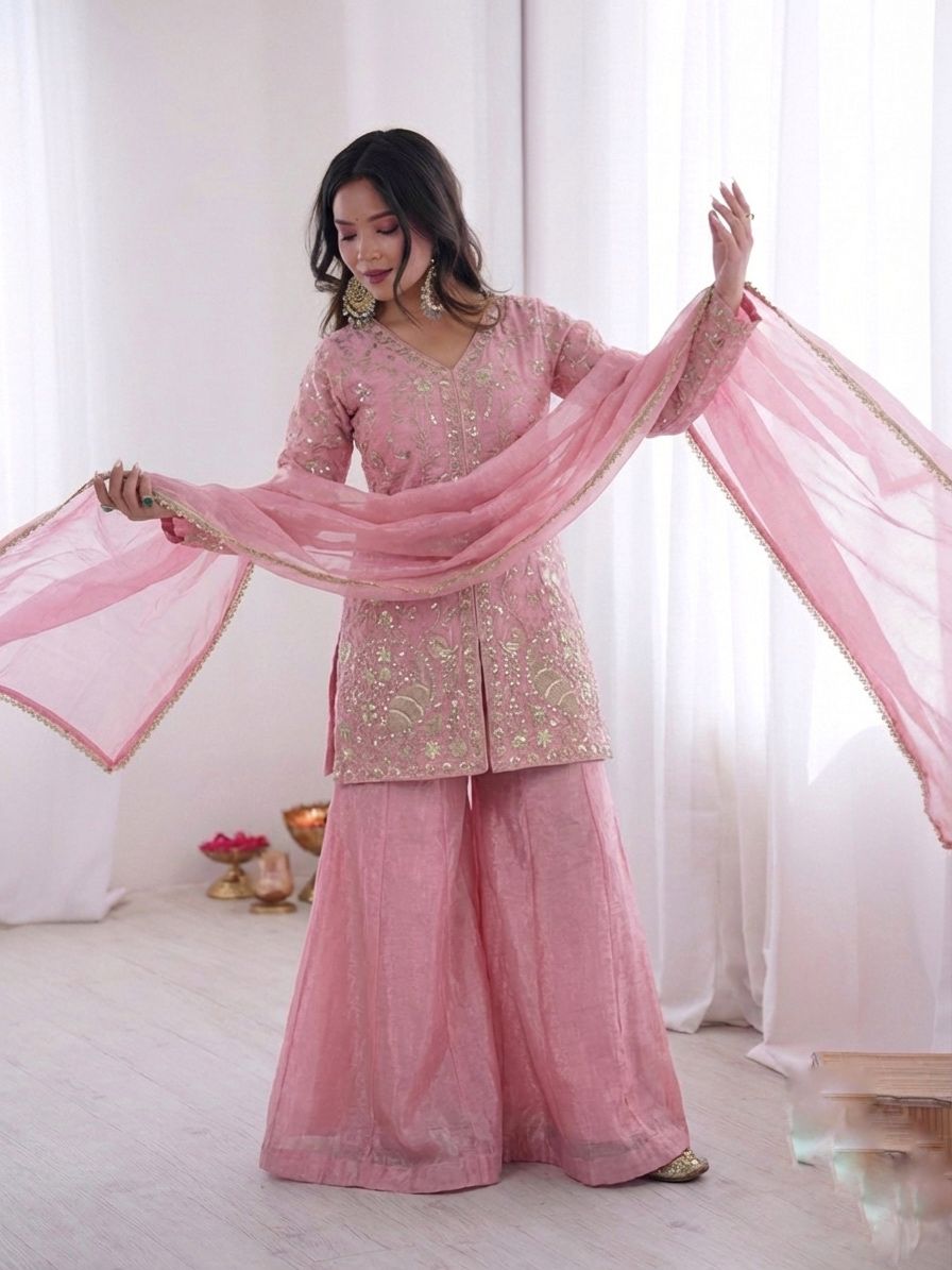 Baby Pink Heavy Embroidery Sequence Sharara Suit