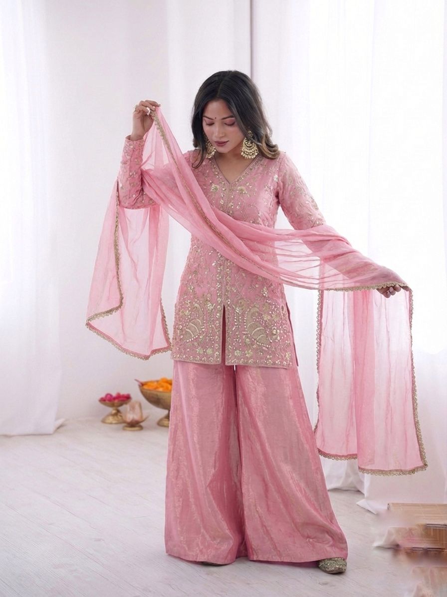 Baby Pink Heavy Embroidery Sequence Sharara Suit
