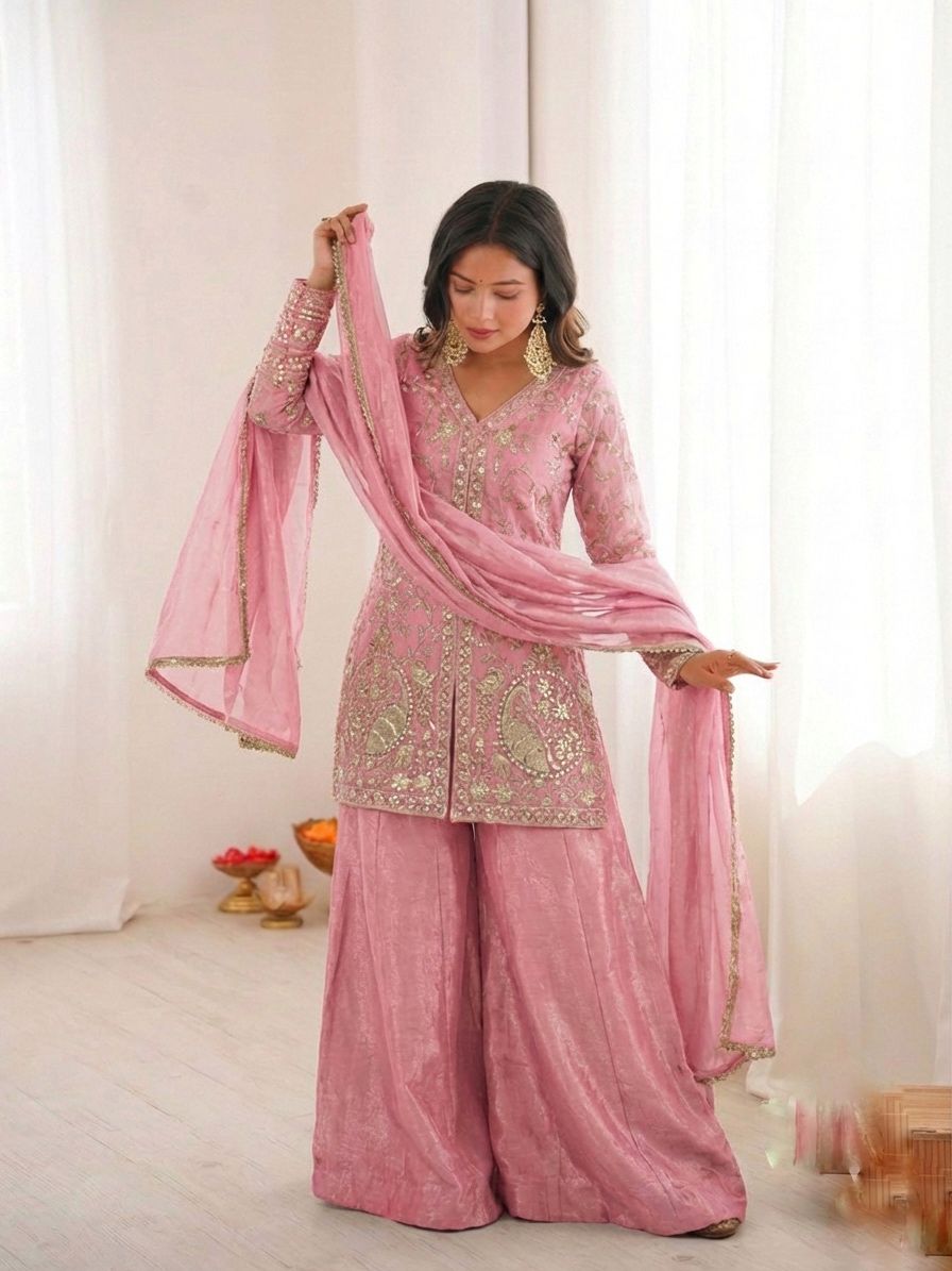 Baby Pink Heavy Embroidery Sequence Sharara Suit