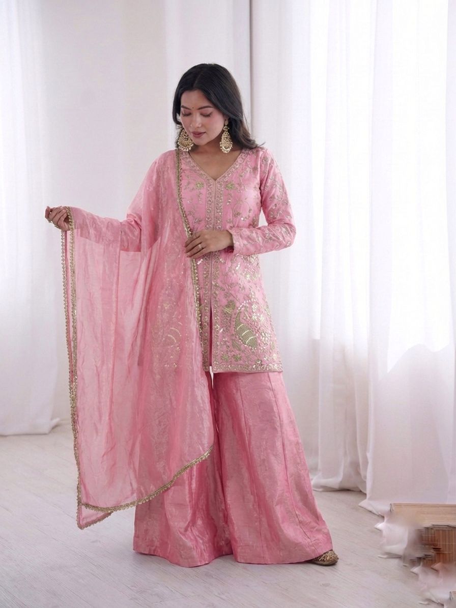Baby Pink Heavy Embroidery Sequence Sharara Suit
