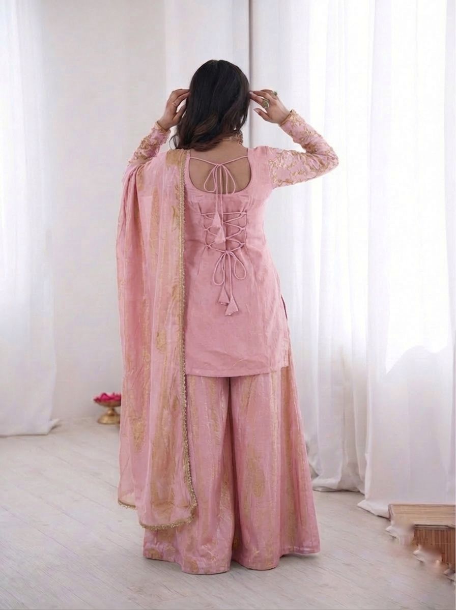 Baby Pink Heavy Embroidery Sequence Sharara Suit