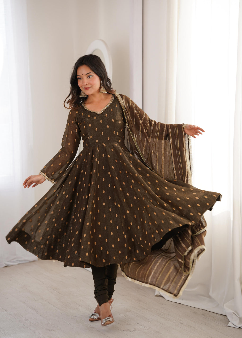 Coffee Crunchy Silk Jacquard Butti and Lace Work Suit Set