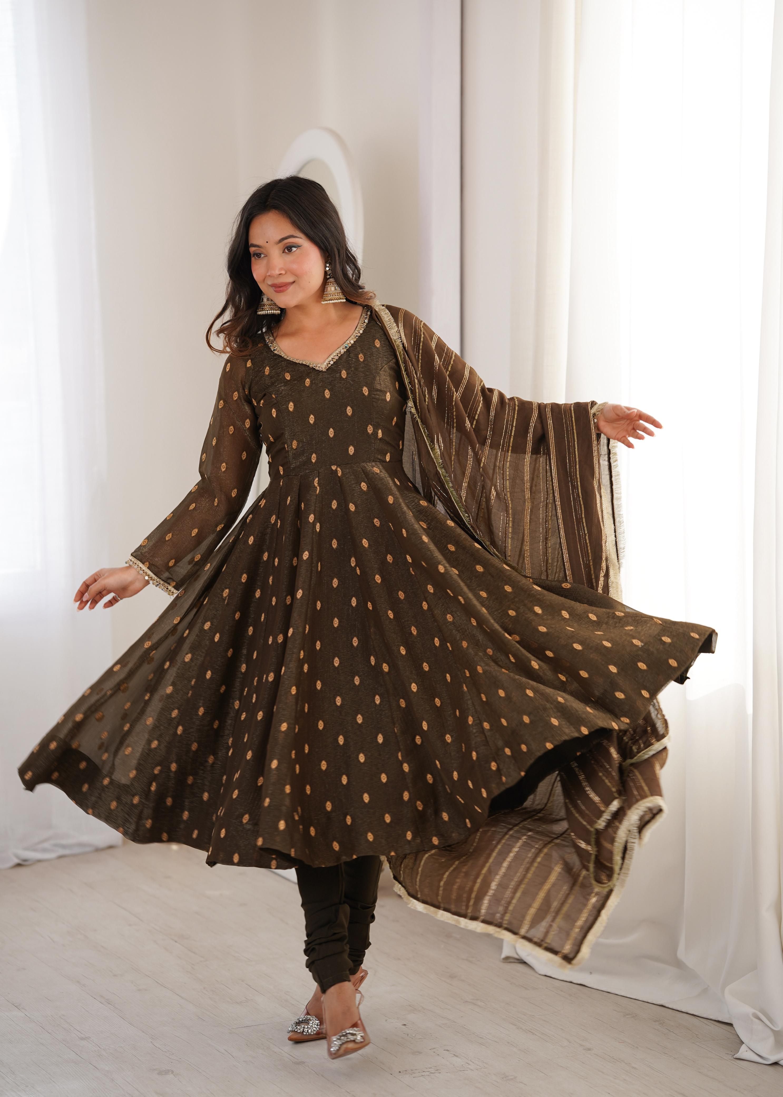 Coffee Crunchy Silk Jacquard Butti and Lace Work Suit Set