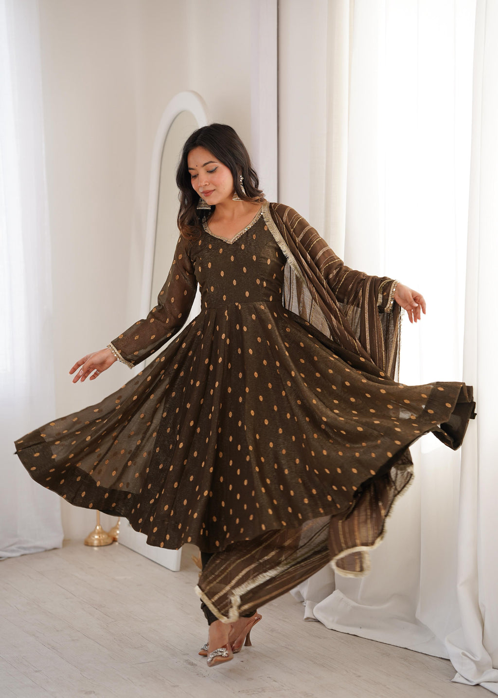 Coffee Crunchy Silk Jacquard Butti and Lace Work Suit Set