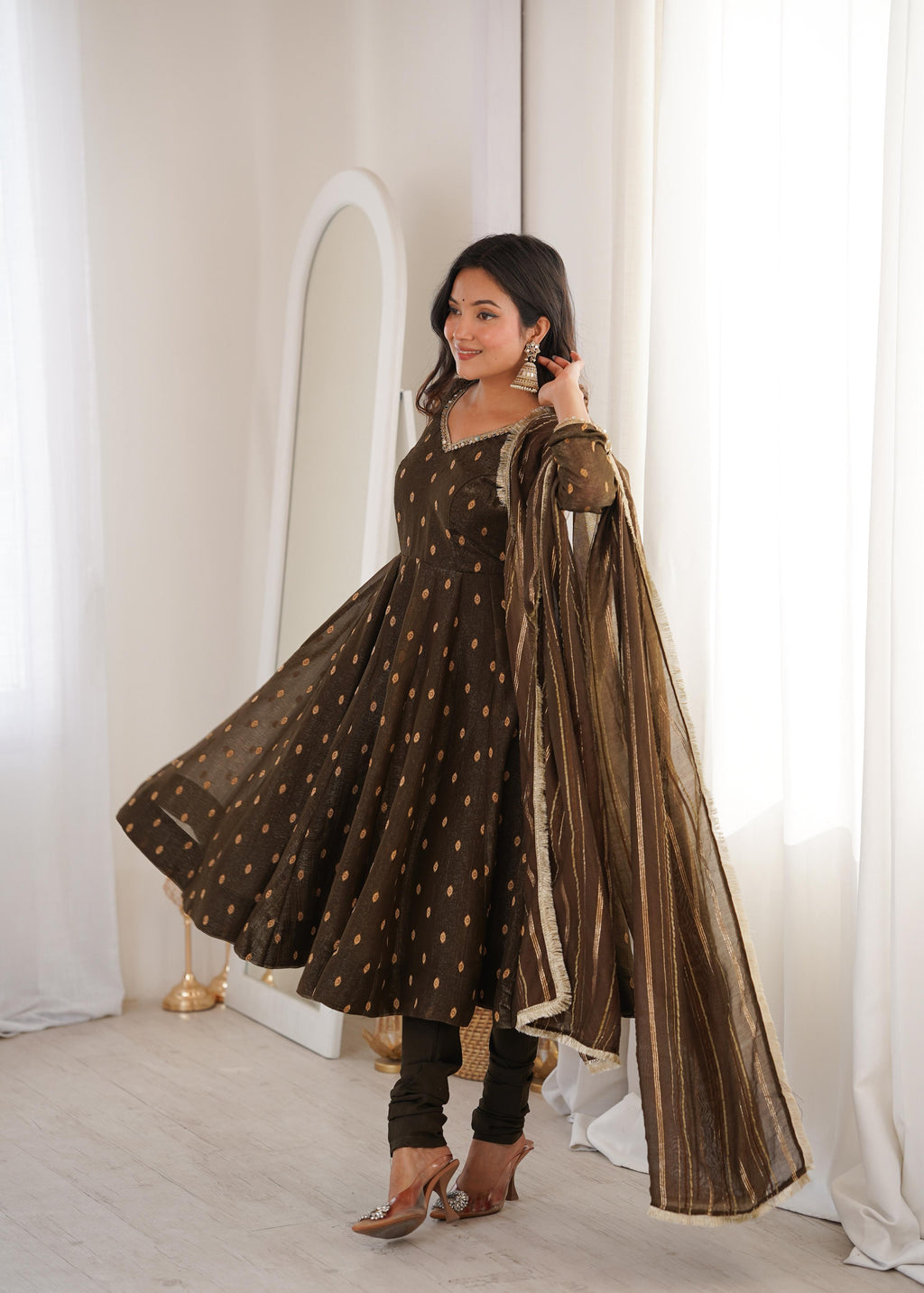 Coffee Crunchy Silk Jacquard Butti and Lace Work Suit Set