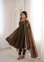 Coffee Crunchy Silk Jacquard Butti and Lace Work Suit Set