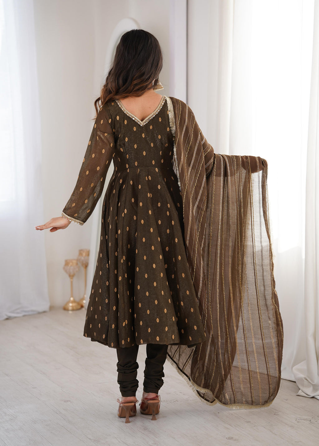 Coffee Crunchy Silk Jacquard Butti and Lace Work Suit Set