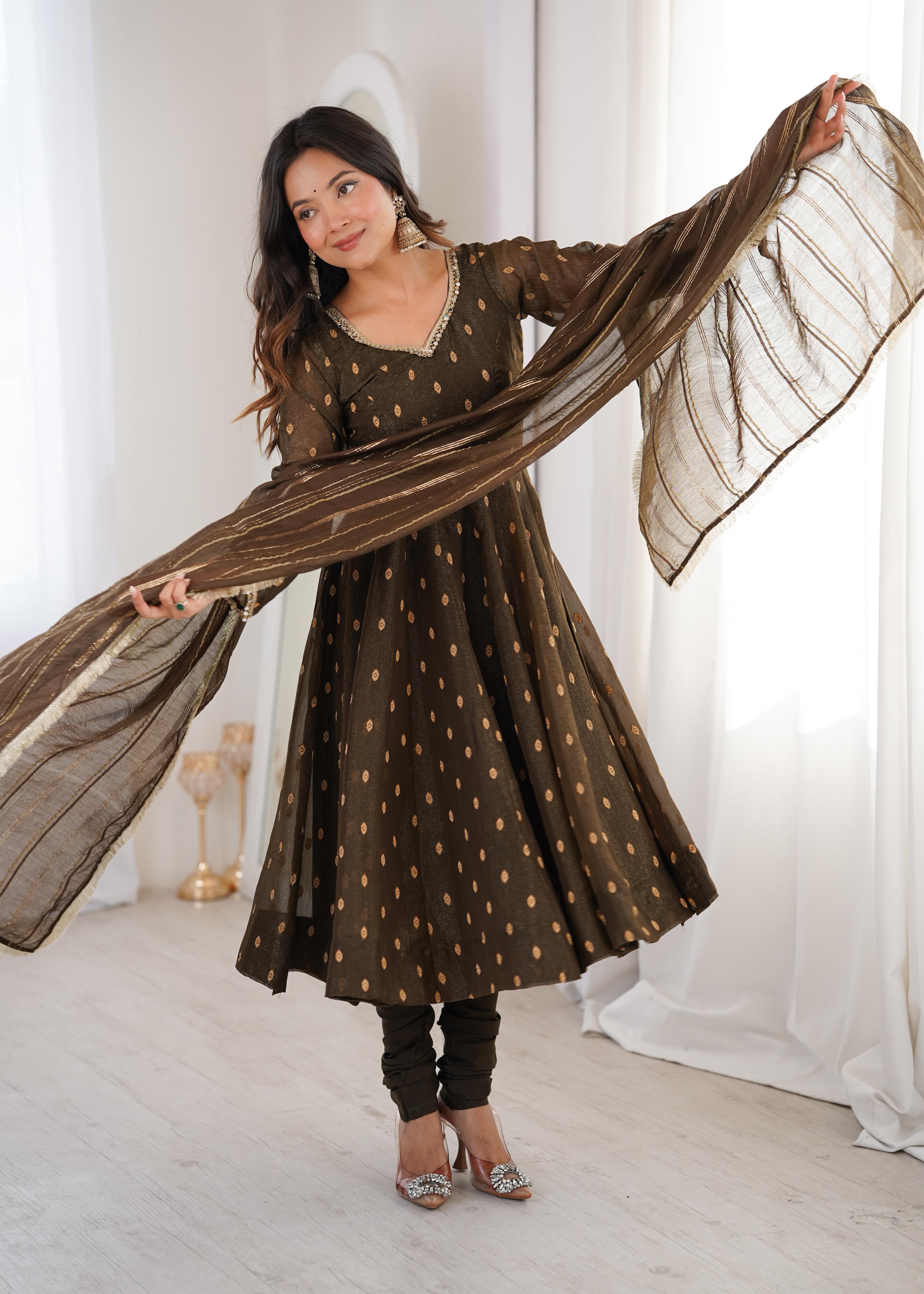 Coffee Crunchy Silk Jacquard Butti and Lace Work Suit Set