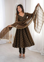 Coffee Crunchy Silk Jacquard Butti and Lace Work Suit Set