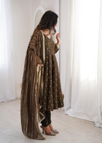 Coffee Crunchy Silk Jacquard Butti and Lace Work Suit Set
