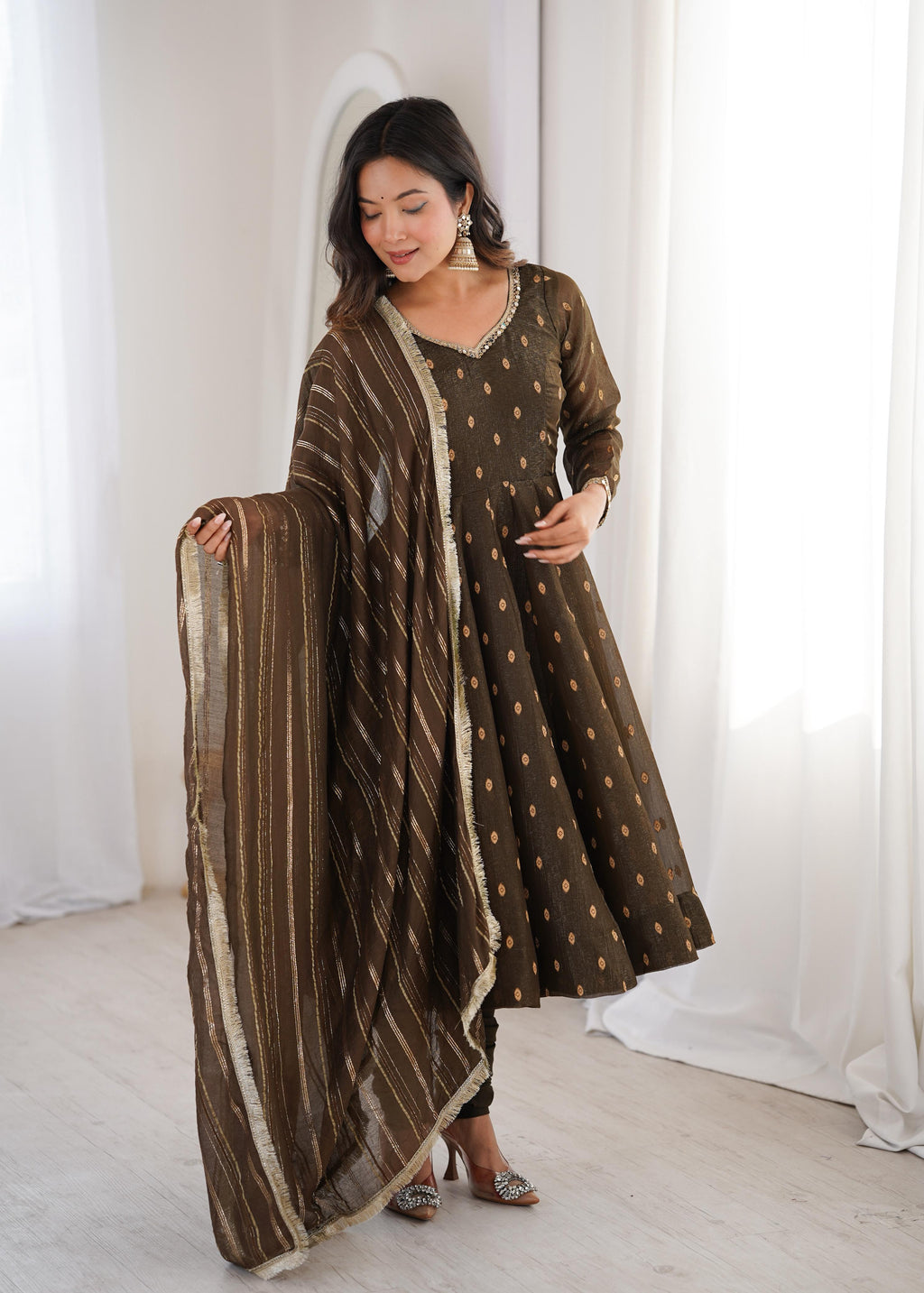 Coffee Crunchy Silk Jacquard Butti and Lace Work Suit Set