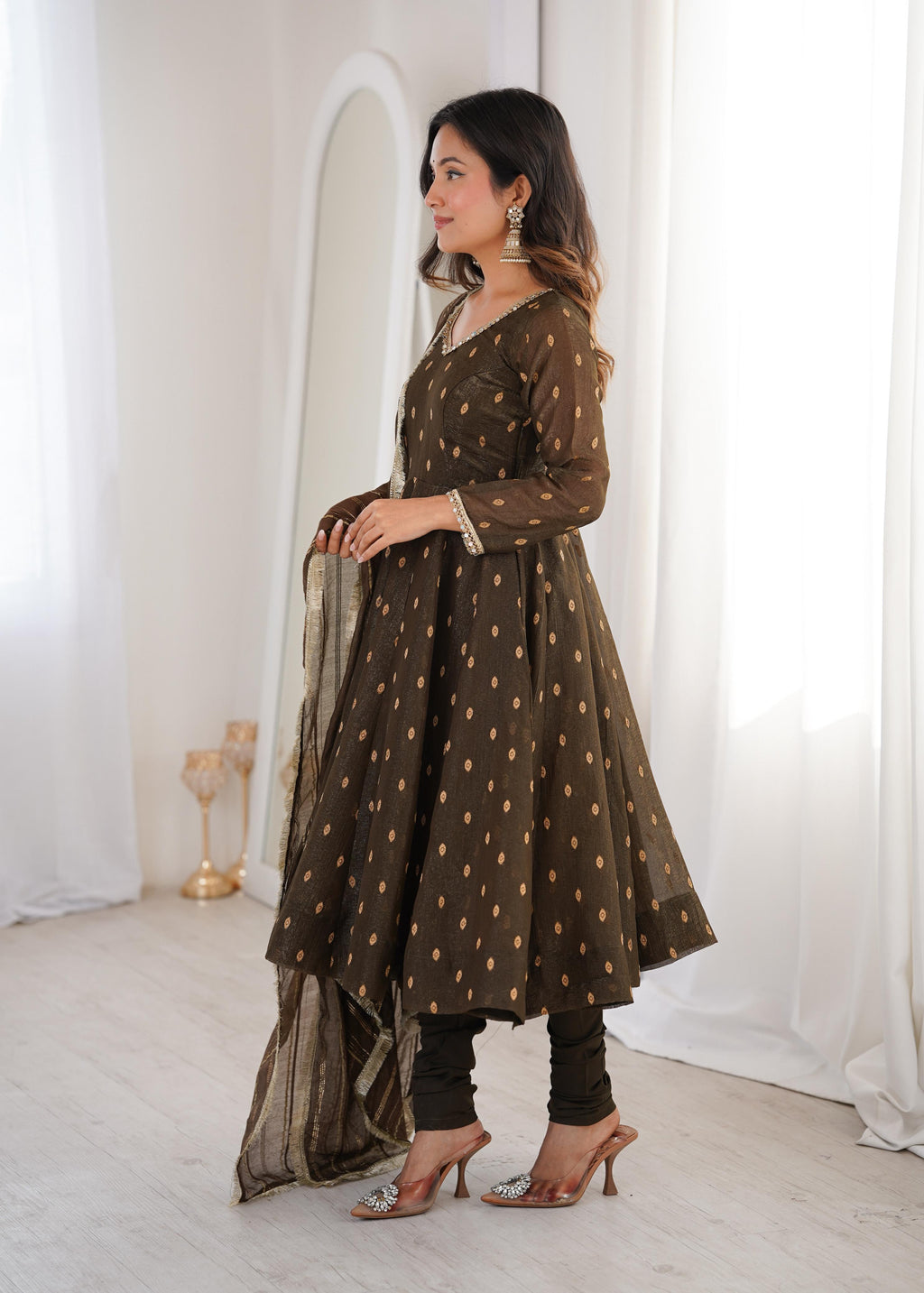 Coffee Crunchy Silk Jacquard Butti and Lace Work Suit Set