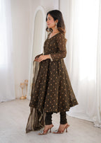 Coffee Crunchy Silk Jacquard Butti and Lace Work Suit Set