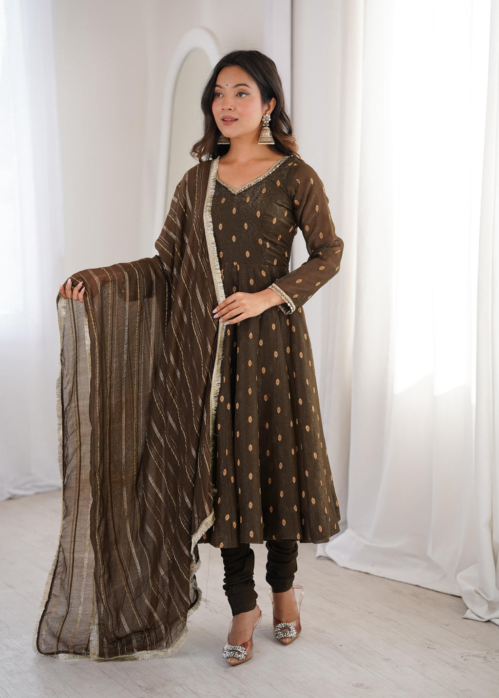 Coffee Crunchy Silk Jacquard Butti and Lace Work Suit Set