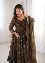 Coffee Crunchy Silk Jacquard Butti and Lace Work Suit Set