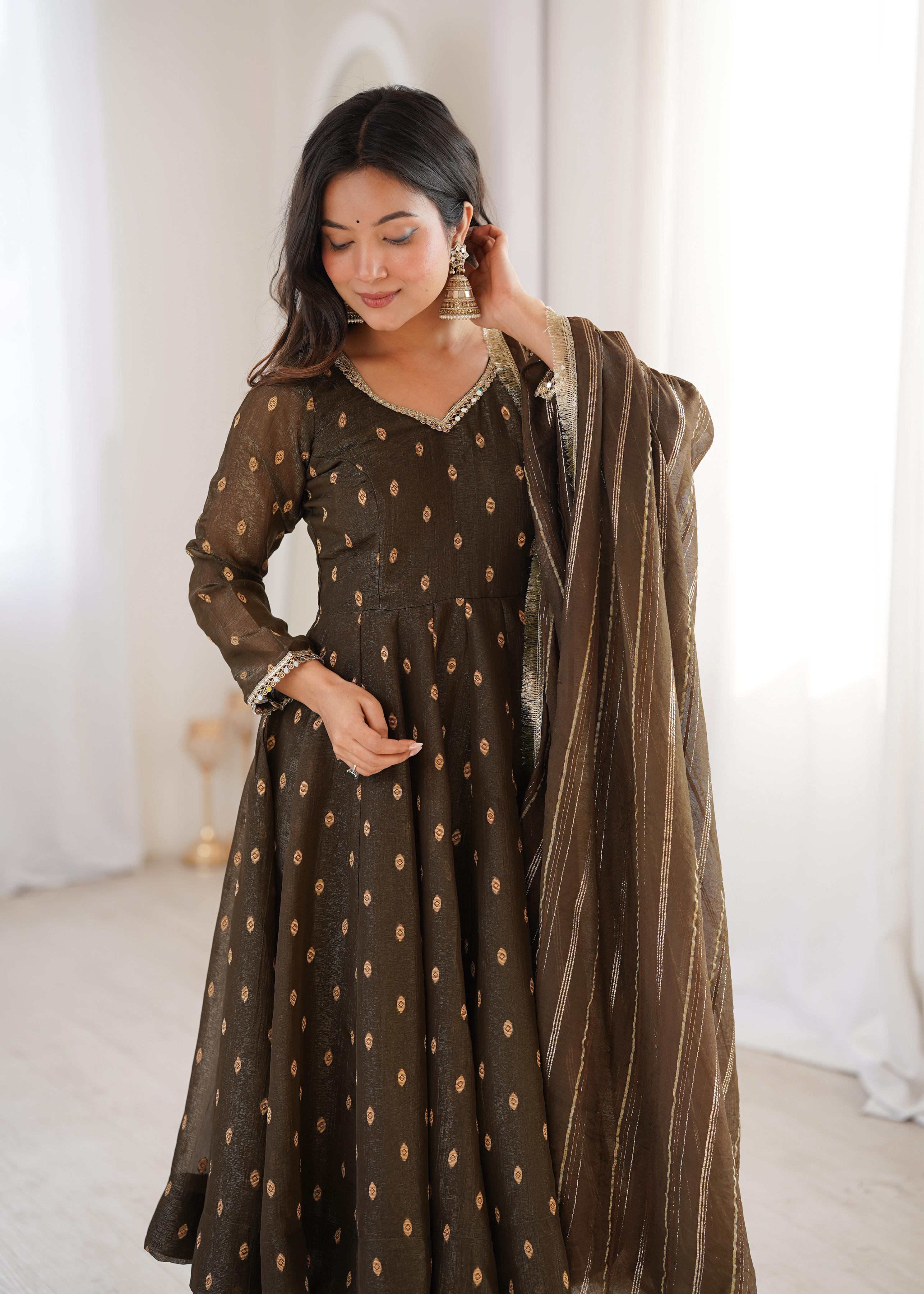 Coffee Crunchy Silk Jacquard Butti and Lace Work Suit Set