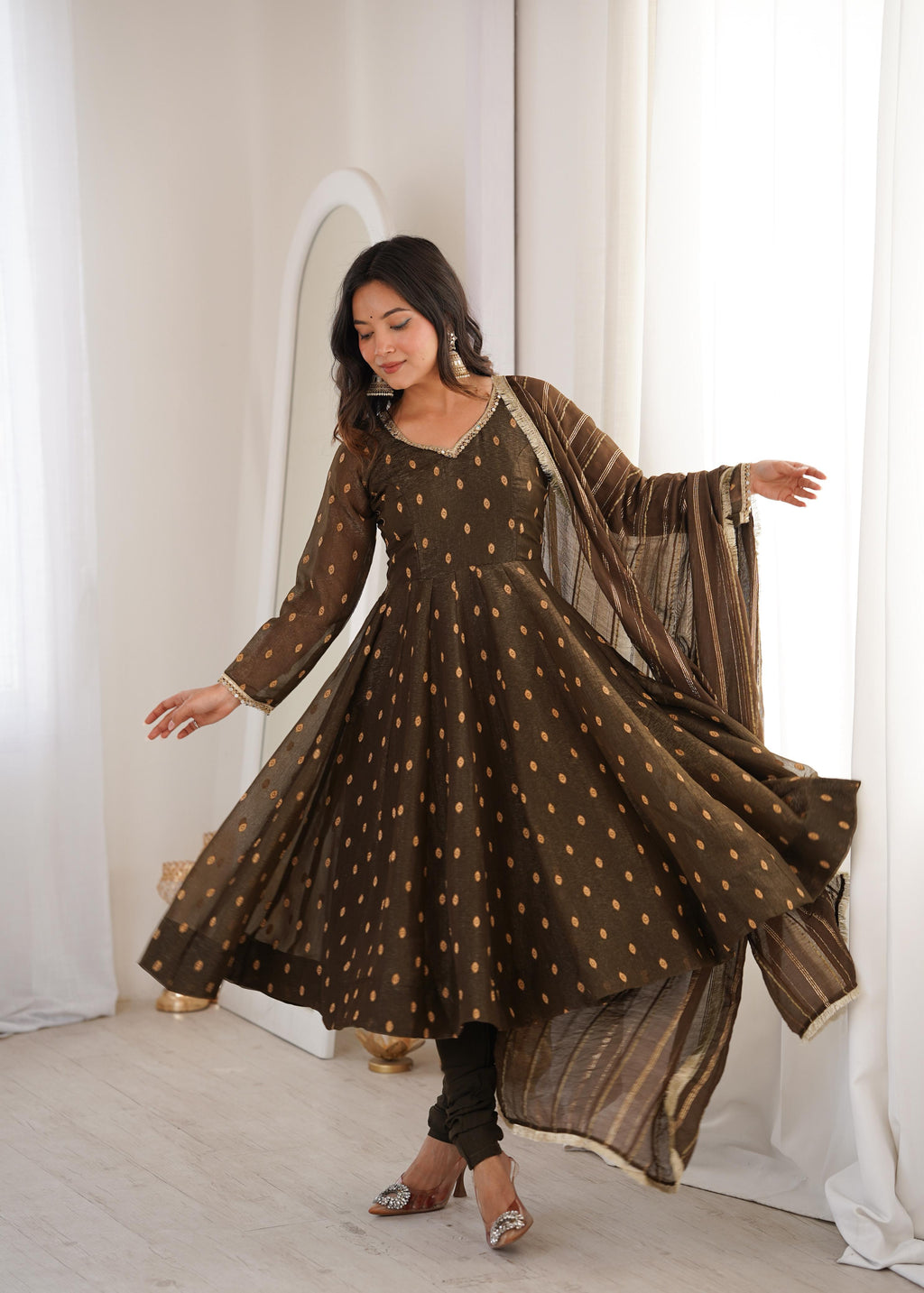 Coffee Crunchy Silk Jacquard Butti and Lace Work Suit Set