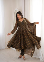 Coffee Crunchy Silk Jacquard Butti and Lace Work Suit Set