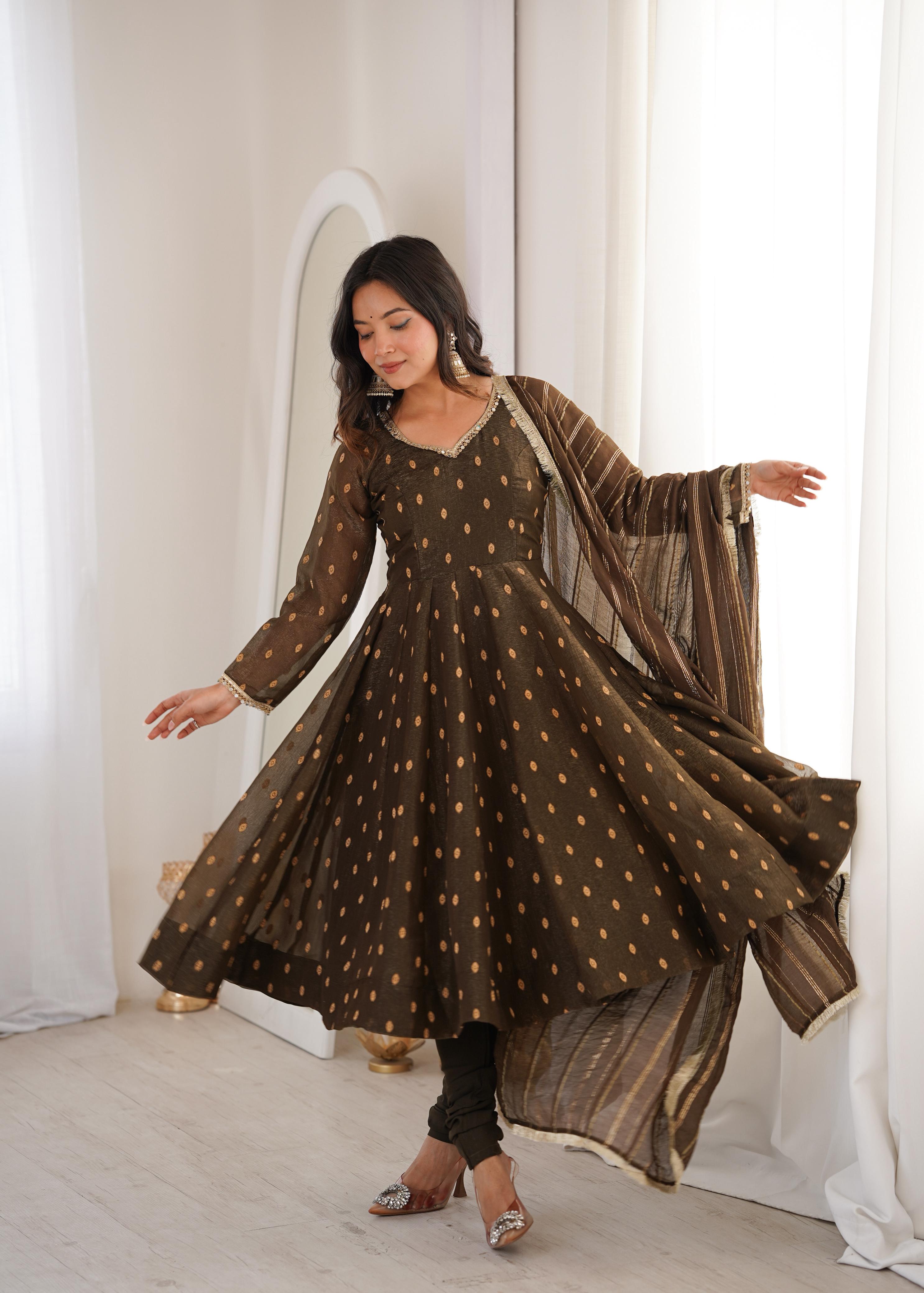 Coffee Crunchy Silk Jacquard Butti and Lace Work Suit Set
