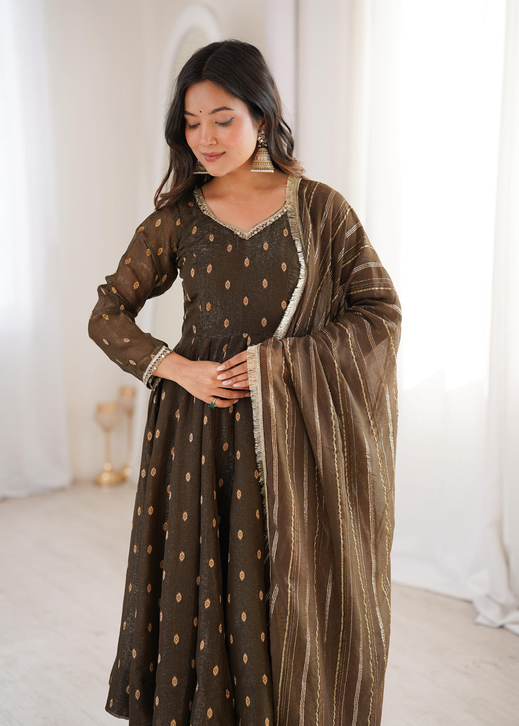 Coffee Crunchy Silk Jacquard Butti and Lace Work Suit Set