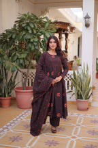 Brown Cotton With Embroidered Work Kurta Set