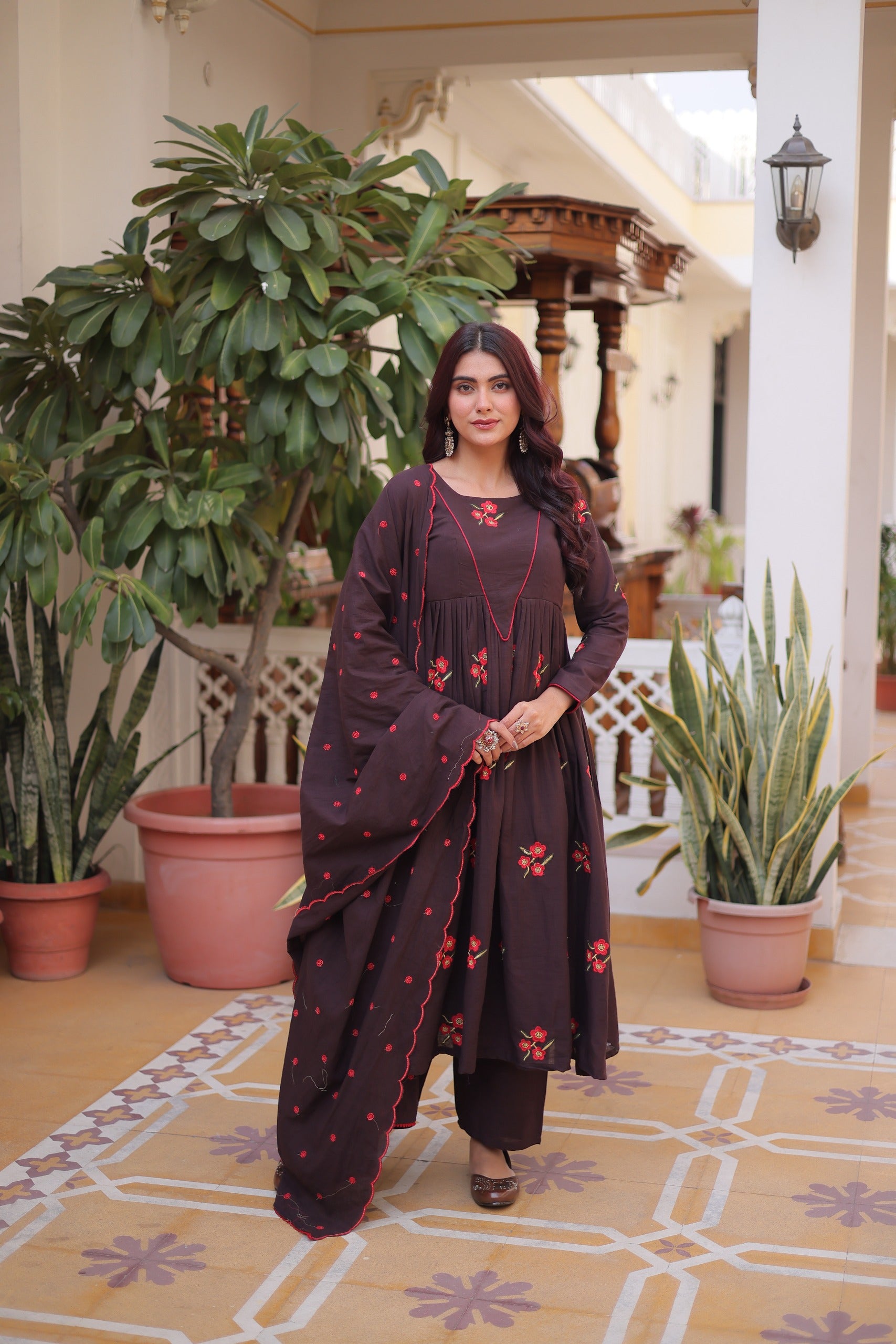 Brown Cotton With Embroidered Work Kurta Set