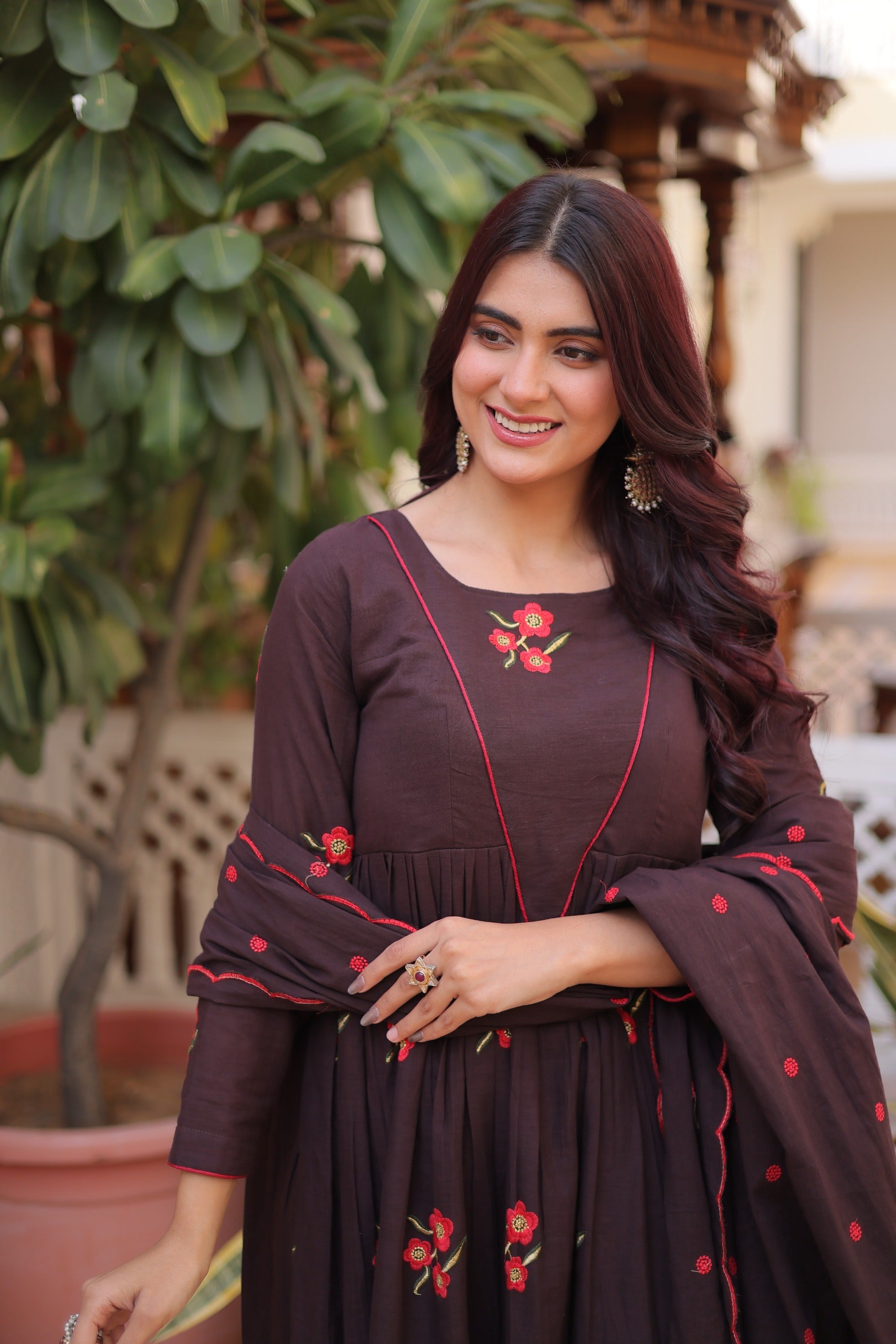 Brown Cotton With Embroidered Work Kurta Set