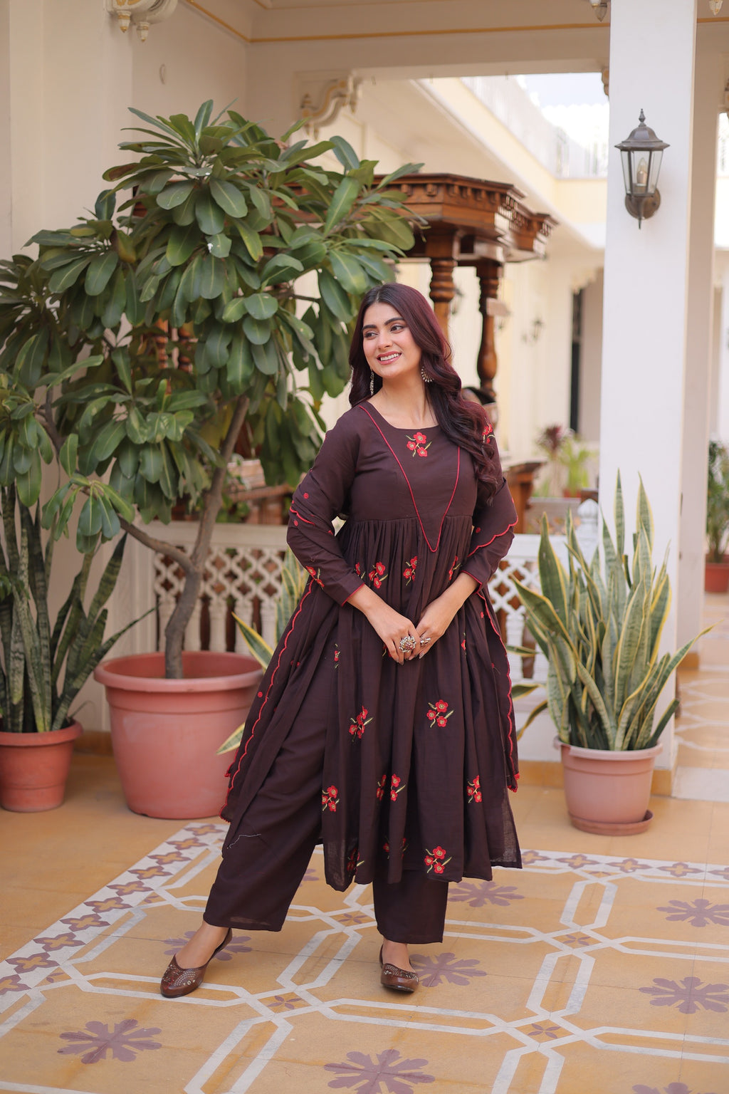 Brown Cotton With Embroidered Work Kurta Set