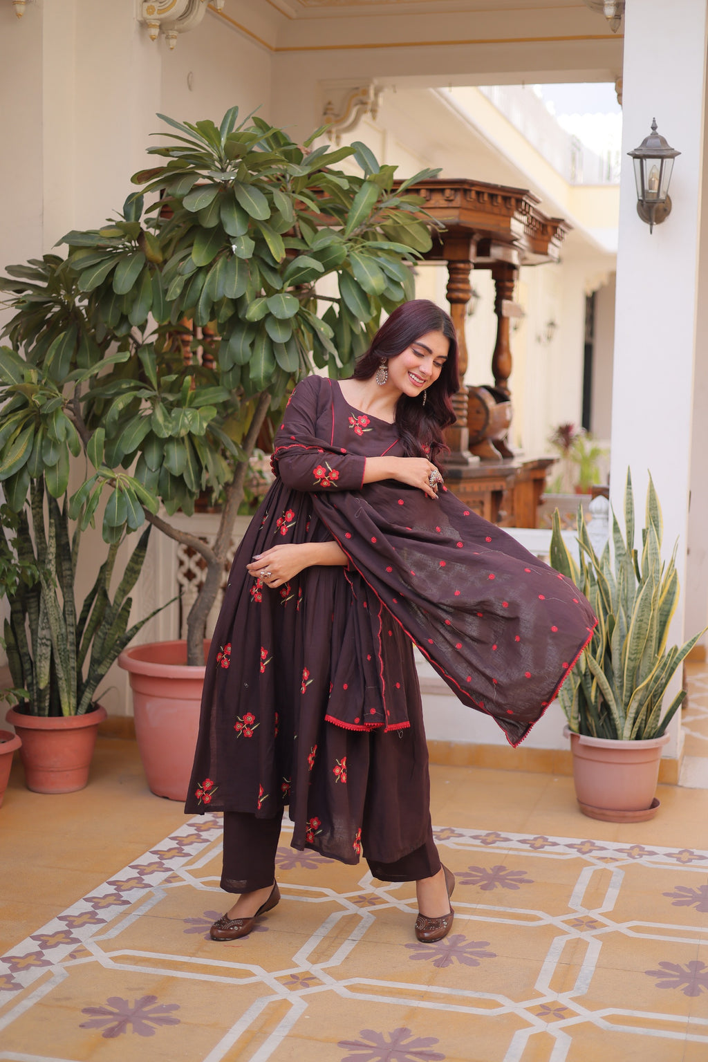 Brown Cotton With Embroidered Work Kurta Set
