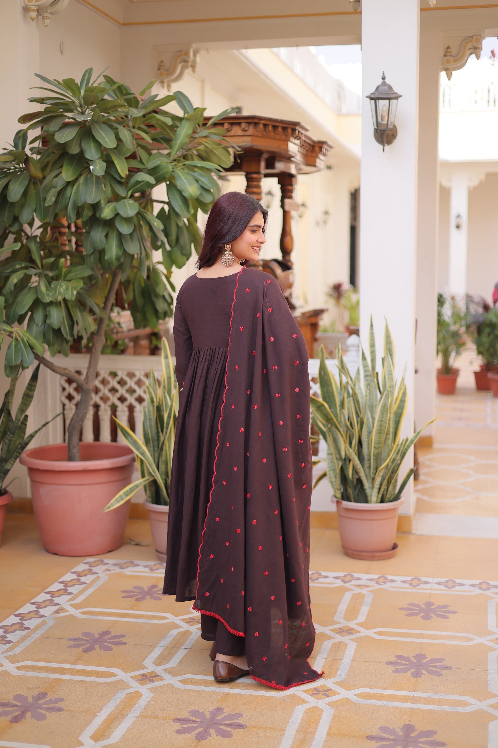 Brown Cotton With Embroidered Work Kurta Set