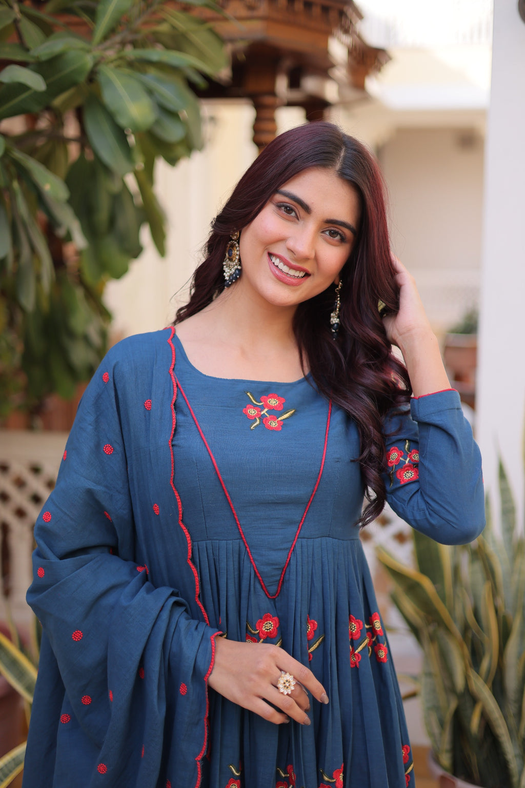 Blue Cotton With Embroidered Work Kurta Set