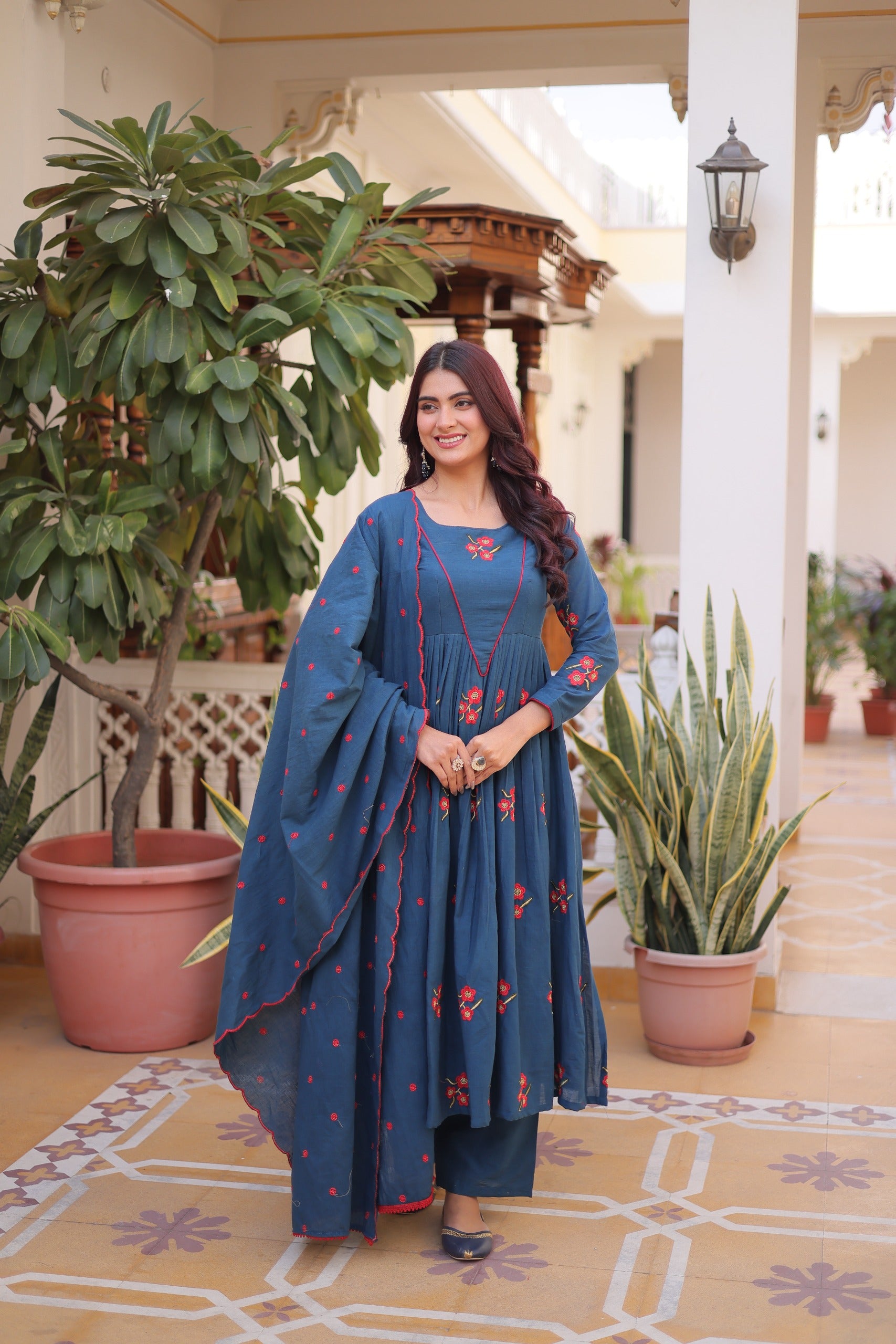 Blue Cotton With Embroidered Work Kurta Set