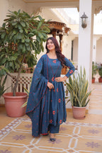 Blue Cotton With Embroidered Work Kurta Set