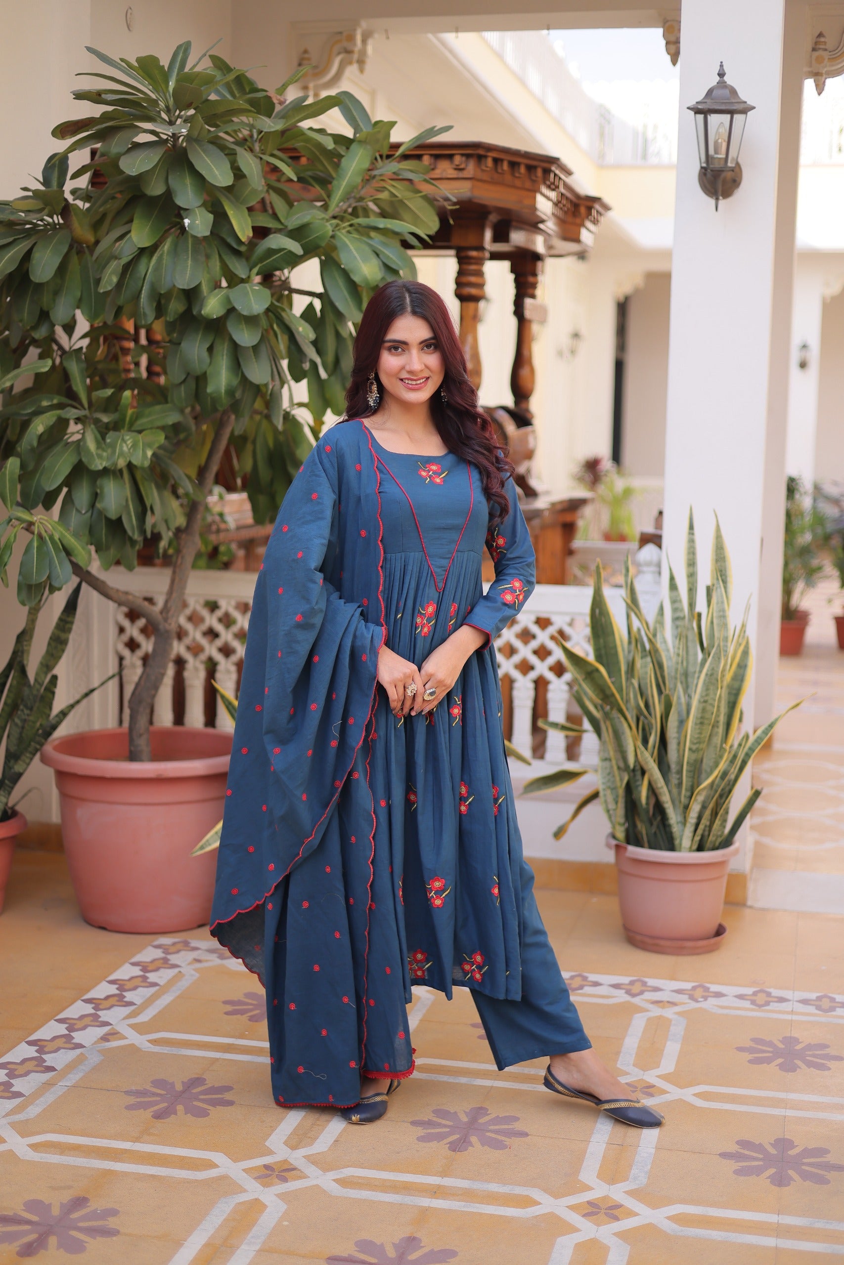 Blue Cotton With Embroidered Work Kurta Set