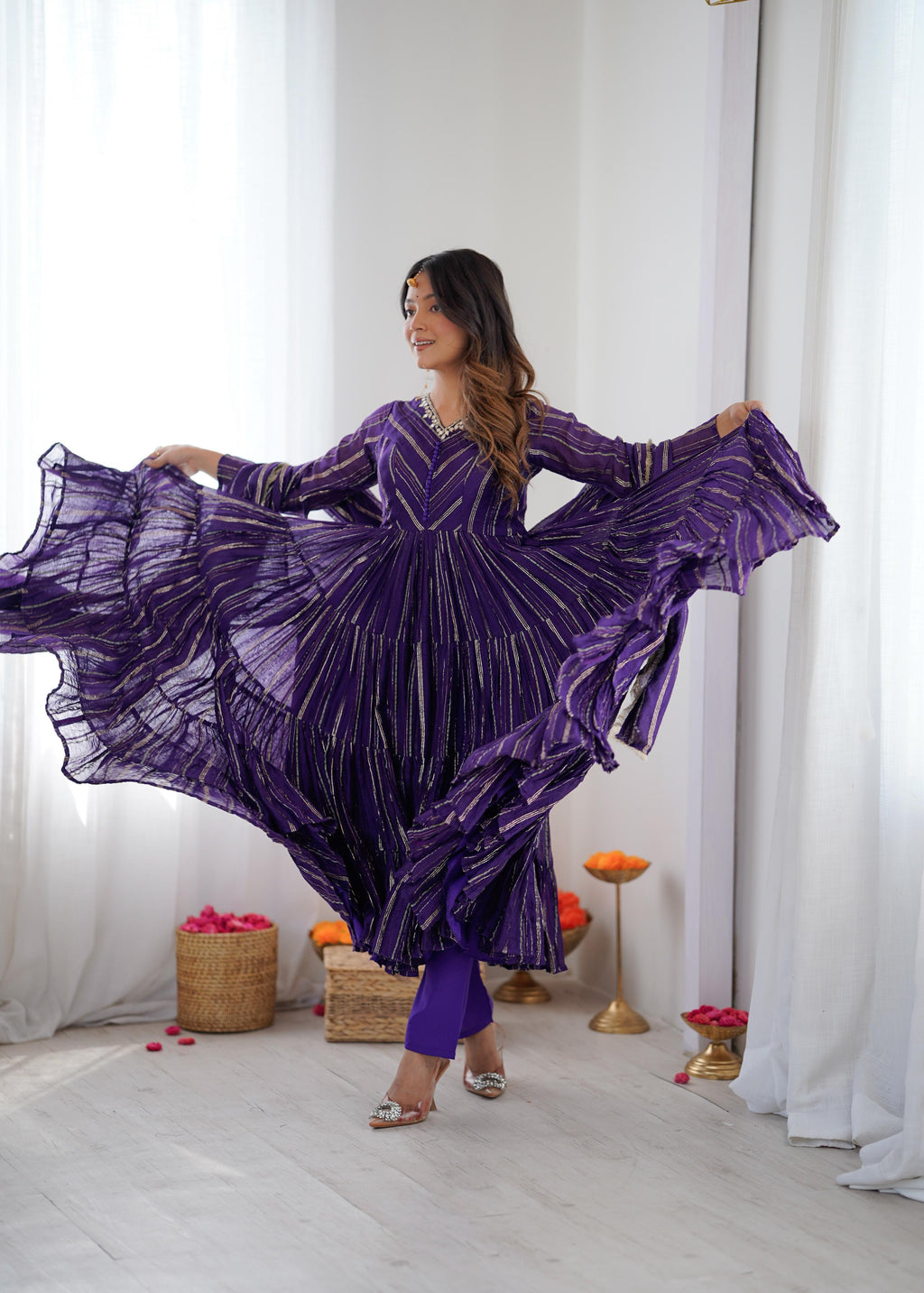 Purple Mal Chanderi Ruffle Kurta Set