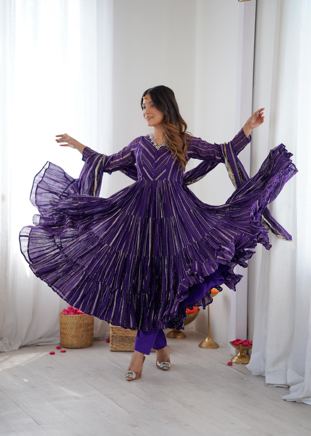 Purple Mal Chanderi Ruffle Kurta Set